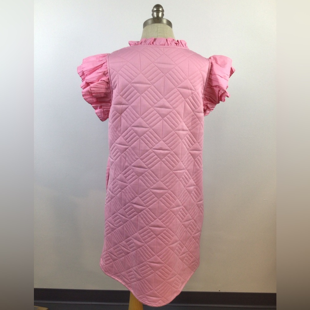 NWOT Pink Ruffle Sleeve Quilted Dress Midi, sz Large - Picture 3 of 11